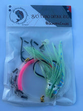 Load image into Gallery viewer, 10 pack Green lumo and pink streak 8/0 double drone rig.

